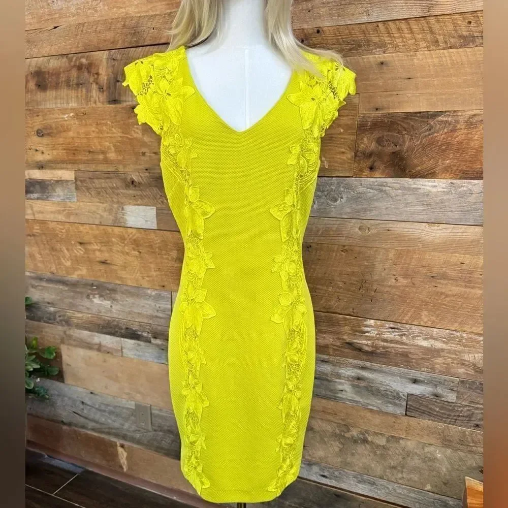 Badgley Mischka Yellow Sheath Dress with Flutter Cap Sleeves